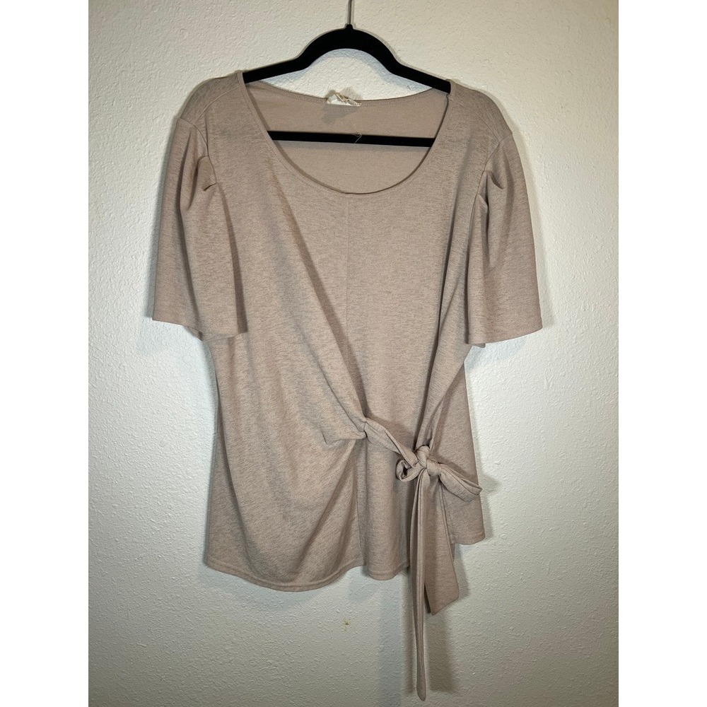 Perch Blu Pepper Side Tie Wrap Top 2XL Tan Beige Puff Sleeve Scoop Neck Office